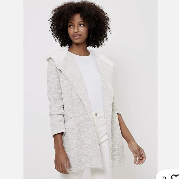 LOFT Womens Sherpa Lined Hooded Open Front Cardigan Size M Neutral Color Pockets - Picture 1 of 10